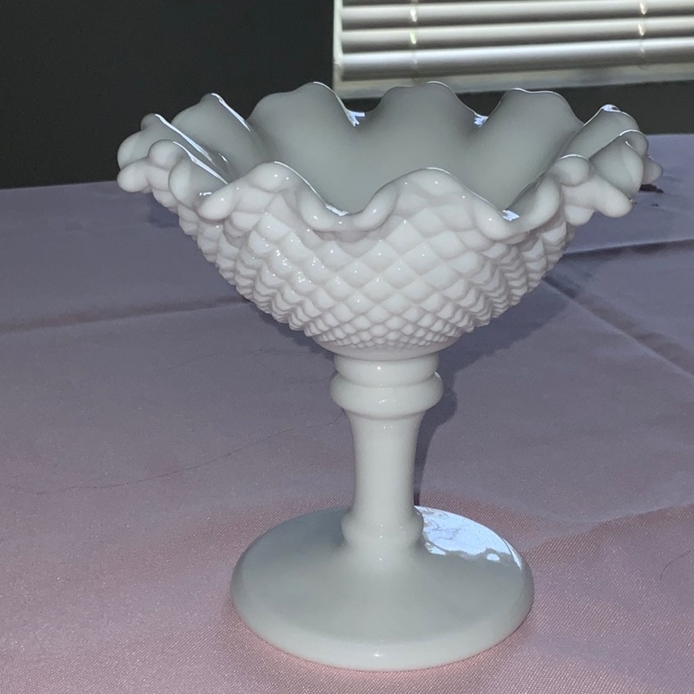 Westmoreland Milk Glass Diamond Point Pedestal Compote Ruffled WG Stamped